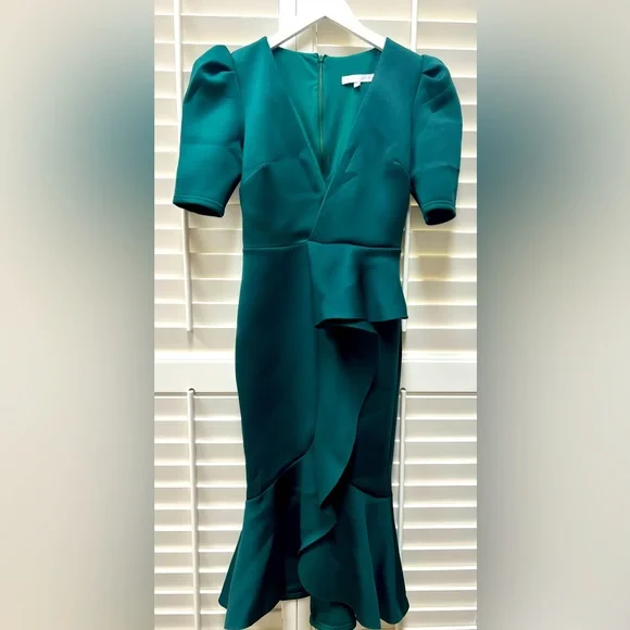 emerald green scuba dress Tulle trim sleeve v-neckline slit back scuba midi dress main image 0